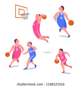Simple and funny people characters playing basketball. Flat vector illustration isolated on white.