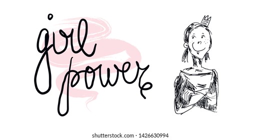 simple funny sketch of a small girl looking like queen, augmented with Girl Power sign. Feminism and SJW theme.