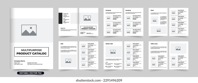 Simple furniture catalog template vector with photo placeholders. Company product sale magazine layout design with dark colors on white backgrounds. Modern multipurpose business catalog vector.
