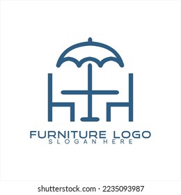 Simple furniture logo with the concept of letter H, plus and umbrella. Illustration of table and chairs
