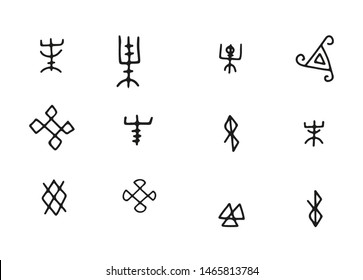 Simple Futhark norse islandic and viking runes set. Magic hand draw symbols as scripted talismans. Vector ancient runes of vikings. Galdrastafir, mystic signs of early North magic.Ethnic norse viking.