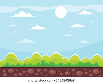 Simple game background with grass, bush, blue sky and white clouds. Vector graphics