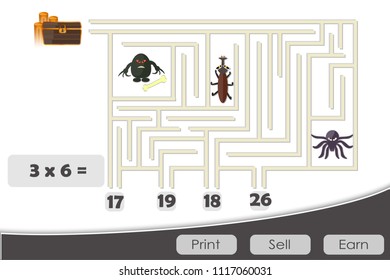 Simple game. Learn the multiplication table. Print and play. Education. Monsters in the labyrinth. Arithmetic. Test.