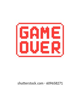 simple game over pixel badge on white background. gaming entertainment emblem for graphical user interface or trend modern leisure concept. unusual flat style pixelated graphic design symbol
