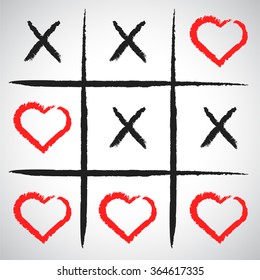 Simple game - X-O game.Hand drawn tic-tac-toe elements.Happy Valentines day symbol.Vector illustration