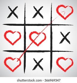 Simple game - X-O game.Hand drawn tic-tac-toe elements.Happy Valentines day symbol.Vector illustration