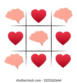 A simple game - the X-O game.Tic-tac-toe elements.Brain defeats love heart concept. Vector illustration