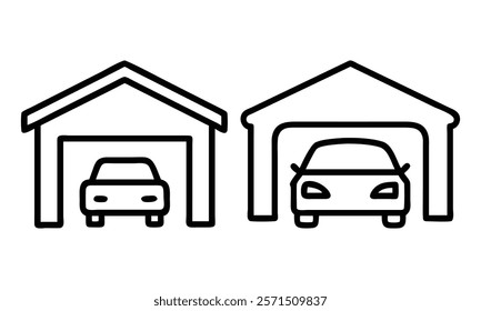 Simple garage outline icons with cars, A pair of black outline garage icons featuring parked cars, ideal for transportation, storage, and home-related design themes. 
