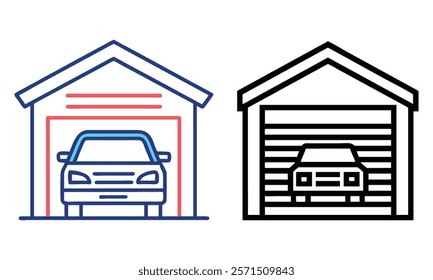 Simple garage outline icons with cars