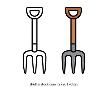 Einfache Gartengabel-Illustration mit einer farbigen Version und einer Umrissversion, sauberer und minimalistischer Stil, geeignet für Icons, UI-Design, Aufkleber, Gartengrafiken und Lernmaterialien.