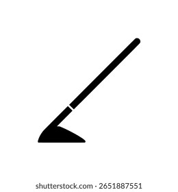 A simple garden hoe shown as a solid black silhouette icon. A minimalist tool for farming, agriculture, weeding, and soil cultivation.