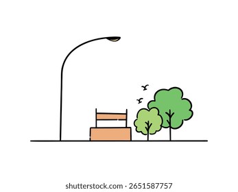 Simple garden illustration, there are street lights, chairs, and trees, isolated from white background