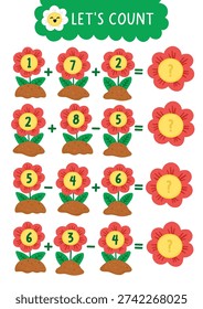 Simple garden math game with numbers in flowers. Spring rural country house math activity for preschool kids. Educational counting worksheet with plants on flower beds
