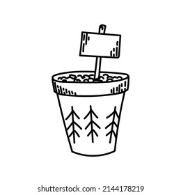 Simple garden pot icon, sprouts. Hand-drawn doodle style sketch, pot with planted seeds and sign. Gardening. Homemade preparations for planting. Isolated vector illustration.