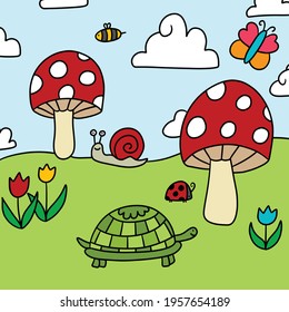 A Simple Garden Scene with Animals and Flowers