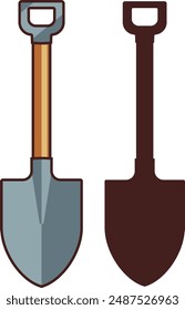 Simple garden shovel with handle for digging and construction, flat illustration and silhouette. Garden, building and repair tools concept.