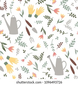simple garden tools and plants illustrations. pastel colors seamless pattern