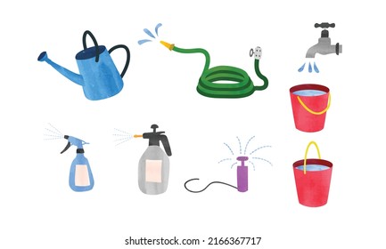 Simple garden watering tools set watercolor hand drawn painting isolated on white background. Watering can, garden hose, tap, faucet, sprayer, water bucket, sprinkler clipart. Vector illustration