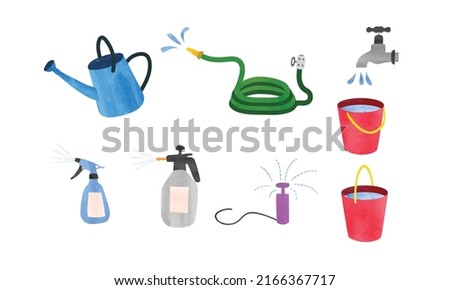 Simple garden watering tools set watercolor hand drawn painting isolated on white background. Watering can, garden hose, tap, faucet, sprayer, water bucket, sprinkler clipart. Vector illustration