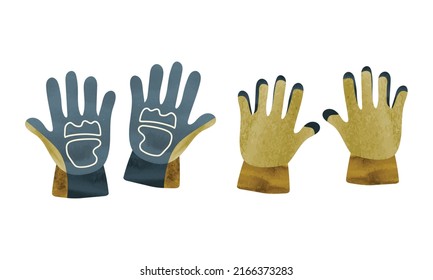 Simple gardening gloves watercolor hand drawn isolated on white background. Garden gloves clipart. Front side and back side. Vector illustration