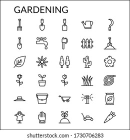 Simple Gardening Line Style Contain Such Icon As Environment, Plant, Flower, Axe, Fences, Trees, Tools, Shovel, Dig, Grass, Trolley, Watering  Can, Cactus, Sprinkler, And More. 64 X 64 Pixel Perfect