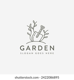 Simple Gardening logo, line art shovel leaves vector design