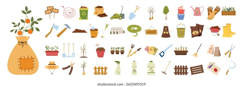 Simple gardening tools, plants, fences, and accessories for home gardens