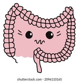 Simple gastrointestinal illustration of bowel internal system. Healthy gut concept. Unhappy abdominal cute expression