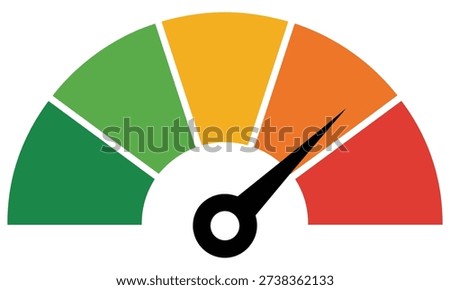 A simple gauge meter displays a range of colors from green to red with a needle pointing to the orange section indicating a moderate or warning status in a visually striking and easy to understand format for data visualization and performance tracking.