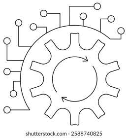 Simple gear or cog wheel icon with connected network nodes. Vector line art illustration featuring thin black strokes on transparent background. Editable stroke width for customization