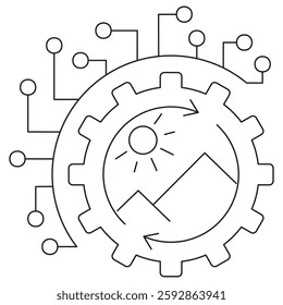 Simple gear icon with network nodes, sun and mountain scenery inside. Vector line art illustration featuring thin black strokes on transparent background. Editable stroke width for customization