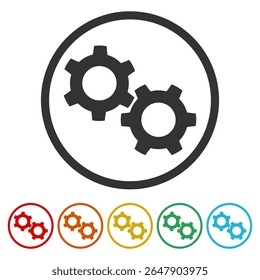 Simple gear icon. Set icons in color circle buttons