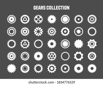Einfache Bildsymbole. Räder auf schwarzem Hintergrund. Kollektion von Vektorweißen Zahnrädern. 