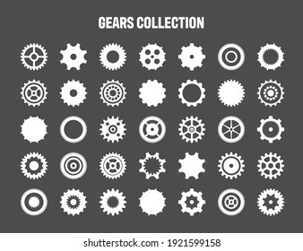 Simple gear icons. Wheels set on black background. Vector white cogwheels collection. 