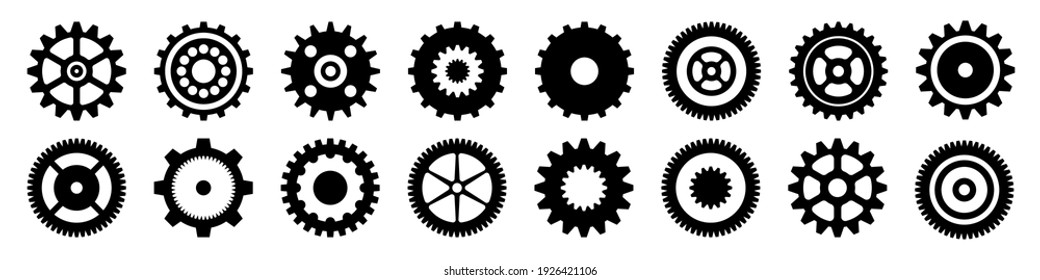 Simple gear icons. Wheels set on black background. Vector white cogwheels collection. 