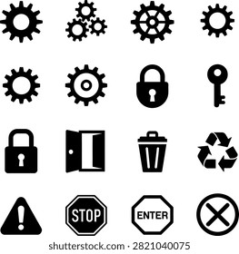 simple gear lock key recycling stop enter warning iconss for uses