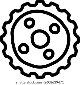 A simple gear outline with circular holes in a hand-drawn style. The cogwheel features a minimalist design with bold lines and a central hub. Cartoon vector illustration.