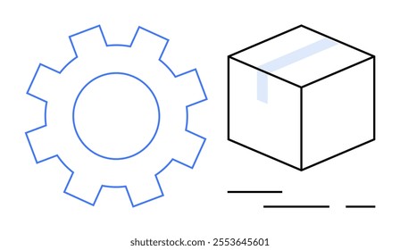 A simple gear outline next to a 3D cube, highlighting mechanical and technological concepts. Ideal for engineering, technology, industrial design, manufacturing, and machinery themes. Minimalistic