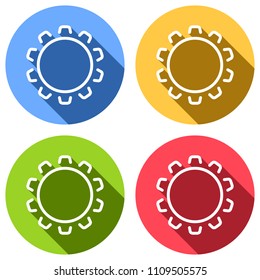 Simple gear or setting. Linear icon, thin outline. Set of white icons with long shadow on blue, orange, green and red colored circles. Sticker style