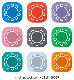 Simple gear or setting. Linear icon, thin outline. Set of white icons on colored squares for applications. Seamless and pattern for poster