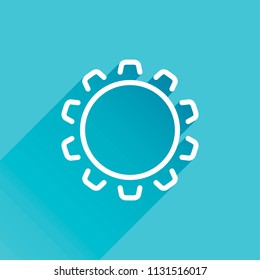 Simple gear or setting. Linear icon, thin outline. Gray icon with long shadow in bottom left corner on blue background