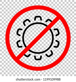 Simple gear or setting. Linear icon, thin outline. Not allowed, black object in red warning sign with transparent background