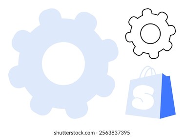 Simple gear symbol in blue and black outlines next to a blue shopping bag with an S. Ideal for technology, engineering, shopping, business, and e-commerce themes. Clean minimalist style