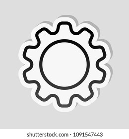 Simple gear symbol, Linear icon with thin outline. Sticker style with white border and simple shadow on gray background