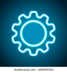 Simple gear symbol, Linear icon with thin outline. Neon style. Light decoration icon. Bright electric symbol