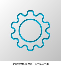 Simple gear symbol, Linear icon with thin outline. Paper design. Cutted symbol with shadow