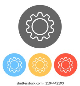 Simple gear symbol, Linear icon with thin outline. Set of white icons on colored circles