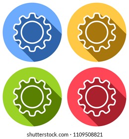 Simple gear symbol, Linear icon with thin outline. Set of white icons with long shadow on blue, orange, green and red colored circles. Sticker style