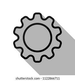 Simple gear symbol, Linear icon with thin outline. Black object with long shadow on white background