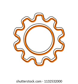 Simple gear symbol, Linear icon with thin outline. Isolated icon consisting of black thin contour and orange moved filling on different layers. White background